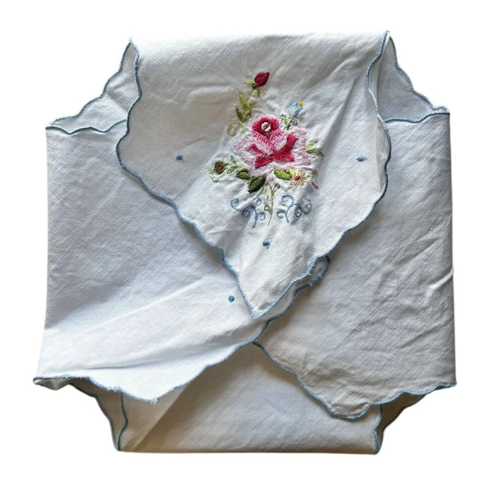 Vintage White Bun Warmer Embroidered Floral Design & Blue Scalloped Edges